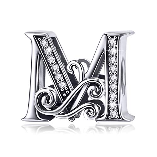 BISAER 925 Sterling Silver Initial Letter A-Z Charms for Bracelets Alphabet Beads Charm Jewelry Gifts - color: Letter M
