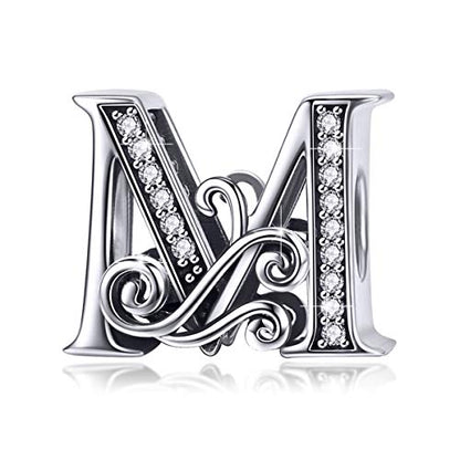 BISAER 925 Sterling Silver Initial Letter A-Z Charms for Bracelets Alphabet Beads Charm Jewelry Gifts - color: Letter M