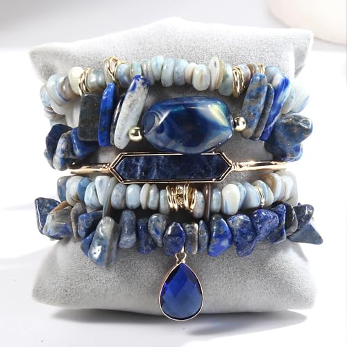 Yomisa 5PCS 6PCS Natural Boho Beaded Bracelets/Bangle for Women Men,Healing Turquoise Jasper Agate Crystal Gemstone Stone Chakra Multilayer Wrap Bohemian Handmade Jewelry Beads Stretch Bracelet Set - color: 5PCS-Sapphire blue