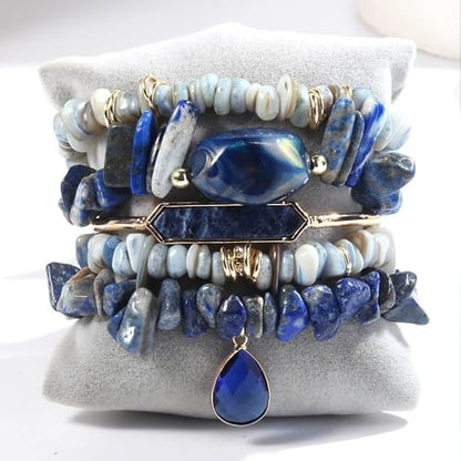 Yomisa 5PCS 6PCS Natural Boho Beaded Bracelets/Bangle for Women Men,Healing Turquoise Jasper Agate Crystal Gemstone Stone Chakra Multilayer Wrap Bohemian Handmade Jewelry Beads Stretch Bracelet Set - color: 5PCS-Sapphire blue