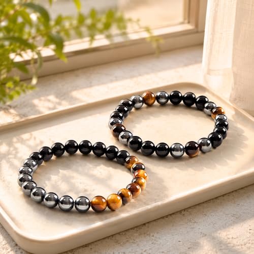 Triple Protection Bracelet Set, Healing Crystal Beaded Bracelets, Genuine Tiger Eye Black Obsidian Hematite, Gift for Men and Women, Natural Stone Jewelry for Grounding Energy and Stress Relief - color: Guardian Stack