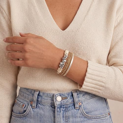 Edoneery Leather Wrap Bracelets for Women, Boho Layered Cuff Bangle | Multi-layer Leather Cuff, Daily wear, Stackable Bangle, Easy on-off, Western Jewelry Gifts for Women - color: Beige-2