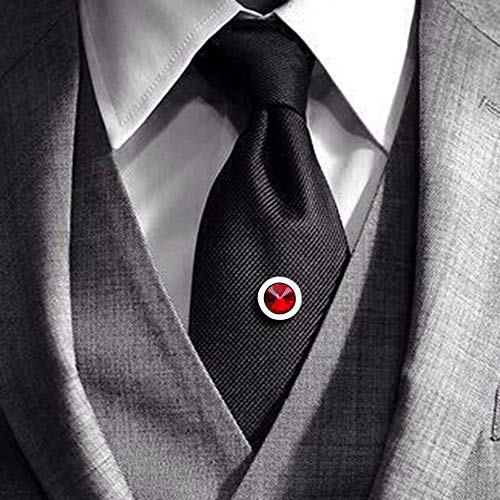 HAWSON Mens Tie Tack with Chain Round Crystal Wedding Business Accessories - color: Silver + red