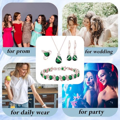 GZWHD Jewelry Set for Women CZ Earrings Necklace Ring Bracelet Set Prom Party Wedding Jewelry Gift for Mother Friend Wife - color: A-Rose Gold-Green