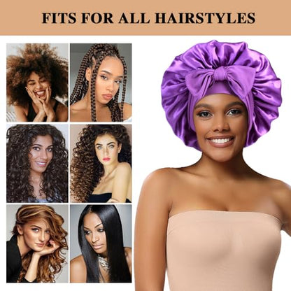2+3 Large Satin Bonnets with Scrunchies for Women, Hair Bonnet Sleeping Tie Bonnet for Braids Curly Hair - color: E - Black, Purple