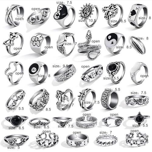 17IF 26-35 Pcs Vintage Silver Knuckle Ring Set for Women Men, Gothic Rings | Grunge Chunky Aesthetic Snake Stackable Adjustable Punk Bulky Finger Alt Fairy Skull Frog Heart Star Flower Midi Ring Pack - style: 35 Pcs