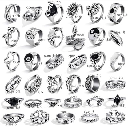 17IF 26-35 Pcs Vintage Silver Knuckle Ring Set for Women Men, Gothic Rings | Grunge Chunky Aesthetic Snake Stackable Adjustable Punk Bulky Finger Alt Fairy Skull Frog Heart Star Flower Midi Ring Pack - style: 35 Pcs