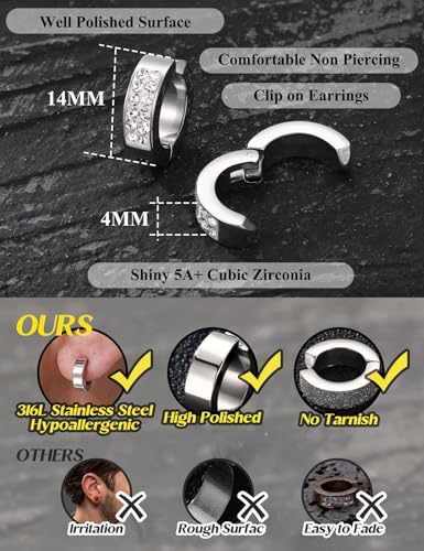 Jstyle Mens Clip On Hoop Earrings, Non Piercing Huggie Hoops for Men Women | Stainless Steel Hoops for Non-Pierced Ears, 14K Gold Plated/Silver Fake Earrings for Halloween/Party, Christmas Jewelry Gift - color: Silver