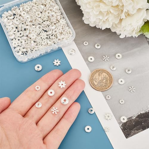 PH PandaHall 300PCS 6 Styles Metal Spacer Bead, Silver Alloy Daisy Beads Bicone Flower Beads Flat Rondelle Snowflake Loose Beads Charms for Bracelet Necklace Earring Jewelry Making Supplies - color: Silver