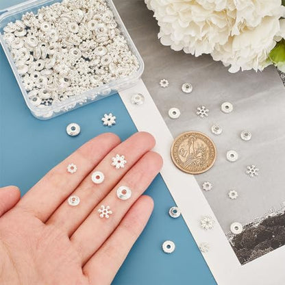 PH PandaHall 300PCS 6 Styles Metal Spacer Bead, Silver Alloy Daisy Beads Bicone Flower Beads Flat Rondelle Snowflake Loose Beads Charms for Bracelet Necklace Earring Jewelry Making Supplies - color: Silver