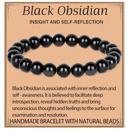LPBeads Handmade Natural Gemstone Stretch Elastic Bracelet Healing Crystal Round Stone Beads Jewelry Gifts for Women Men - color: Black Obsidian, size: 8mm