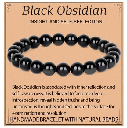 LPBeads Handmade Natural Gemstone Stretch Elastic Bracelet Healing Crystal Round Stone Beads Jewelry Gifts for Women Men - color: Black Obsidian, size: 8mm