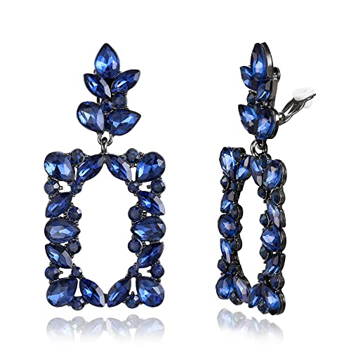 Clip-on Dangle Earring Earrings Art Deco Sparkly Rhinestone Marquise Teardrop Rectangle Geometric Statement for Women - color: Sapphire Color Black-Tone