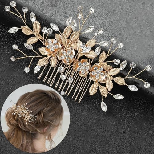 Bridal Hair Accessories, Bright KC-Gold Wedding Hair Comb for Brides, Handmade Rhinestone Hair Wedding Head Pieces for Women and Bridesmaids Flower Girls - color: Bright KC Gold
