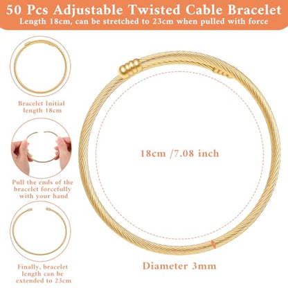 50 Pcs Snake Chain Bracelets, Adjustable Charm Bracelet Set Stainless Steel Expandable Bangle, 7 Inch DIY Jewelry Making Supplies for Women Christmas Birthday Gifts, Silver Gold
