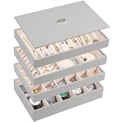 Voova Stackable Jewelry Organizer Tray with Lid (Set of 4, Gray) | Stackable PU leather jewelry trays with drawer inserts for earrings, rings, necklaces, bracelets and watches; set of 4 - color: Grey