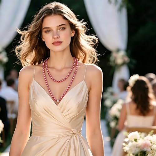 Long Pearl Necklace for Women Dainty Zircon Bead Pearl Necklace Layered Faux Pearls Necklaces Long Wedding Long Pearl Necklace Delicate Jewelry for Brides - color: Style-G red
