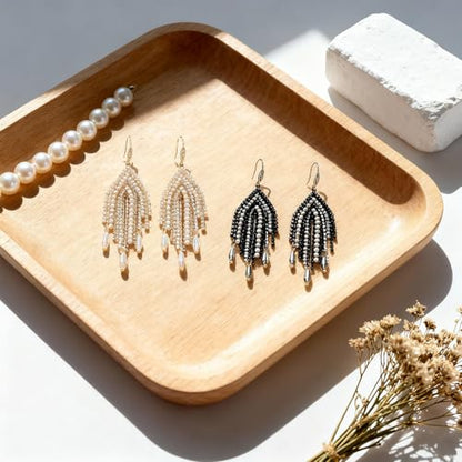 Fringe Dangling Tassel Earrings for Women, Handcrafted Chandelier Long Bohemian Beaded Cubic Zirconia Crystal Imitation Pearls Inlay Statement Boho Chain Hook Earrings for Wedding Party - color: White Gold Hook
