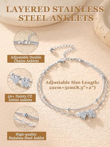 KeyStyle Heart Initial Ankle Bracelets for Women, Layered CZ A-Z Letter | 14K Gold Plated or Silver Stainless Steel Anklet, Hypoallergenic Waterproof Layered Jewelry for Daily Wear & Special Gifts - color: Silver-R