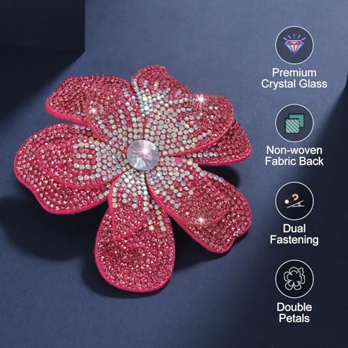 3.74 Inches Rhinestone Camellia Flower Brooch Pins & Hair Clips for Women Elegant Created Crystal Lapel Pin Brooches Wedding Party - color: Rose