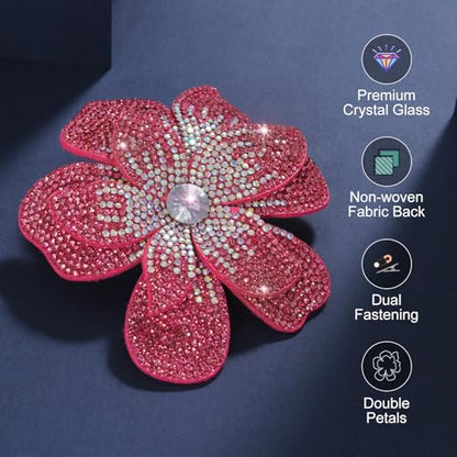 3.74 Inches Rhinestone Camellia Flower Brooch Pins & Hair Clips for Women Elegant Created Crystal Lapel Pin Brooches Wedding Party - color: Rose