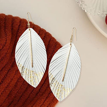 Bohemian Handmade Lightweight Color Large Genuine Soft Leather Fringe Feather Leaf Tear Dangle Drop Earrings for Women Statement - color: 2-White