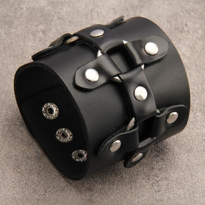 GelConnie Leather Cuff Bracelet for Men Women Wide Leather Wristband Thick Viking Mens Leather Bracelets Gothic Wrist Band Vintage Rock Wristband - style: Leather Wrap Cuff