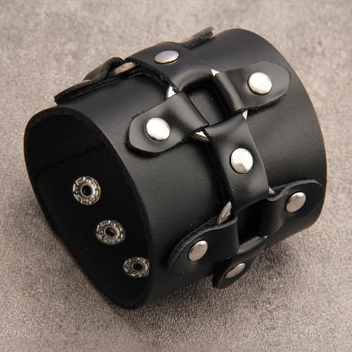GelConnie Leather Cuff Bracelet for Men Women Wide Leather Wristband Thick Viking Mens Leather Bracelets Gothic Wrist Band Vintage Rock Wristband - style: Leather Wrap Cuff