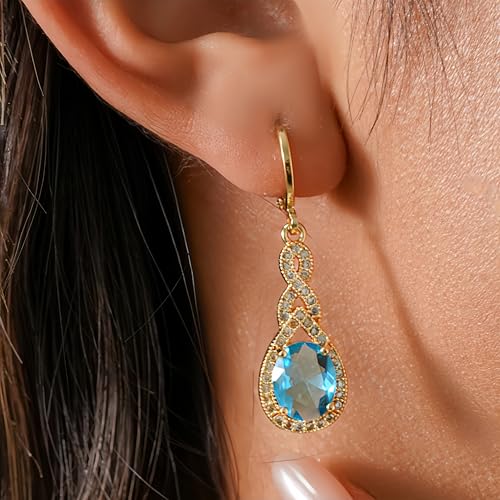 18K Gold Plated Flower Dangle Earrings for Women, Hypoallergenic Cubic Zirconia Earrings, Elegant CZ Drop Earrings, Statement Jewelry Gifts Party Fashion - style: OBS0470-Blue