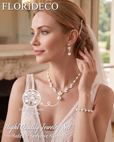 3Pcs 14K Gold Plated Pearl Bridal Jewelry Set for Women | Pearl necklace, drop earrings and bracelet set with cubic zirconia for bride bridesmaid wedding prom and party accessories - color: Gold Plated-CZ Leaf-Pearl