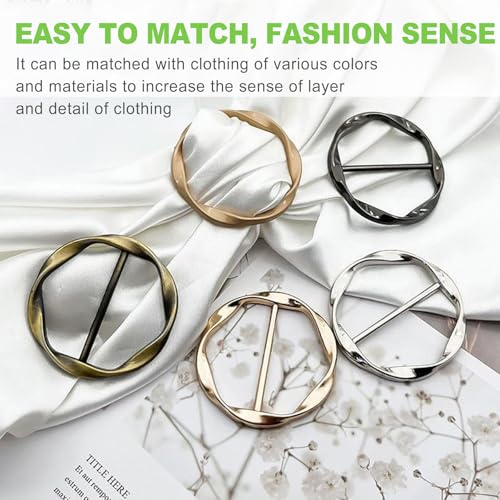 6Pcs Silk Scarf Ring Clip, T-shirt Tie Clips for Women Girls, Twist Tee Knot Ring, Waist Clothes Corner Button, Fashion Metal Circle Buckle, Round Scarves Clasp