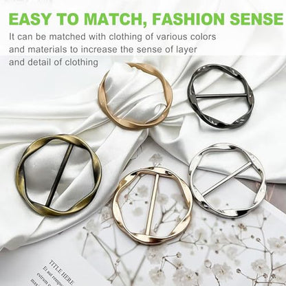 6Pcs Silk Scarf Ring Clip, T-shirt Tie Clips for Women Girls, Twist Tee Knot Ring, Waist Clothes Corner Button, Fashion Metal Circle Buckle, Round Scarves Clasp