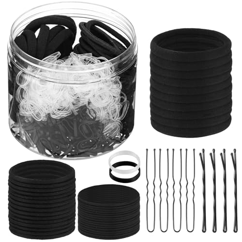 735 Pcs Black Hair Ties and Bobby Pins Set, Clear Elastic Bands, No Damage Hair Accessories for Thick Hair, Women and Girls