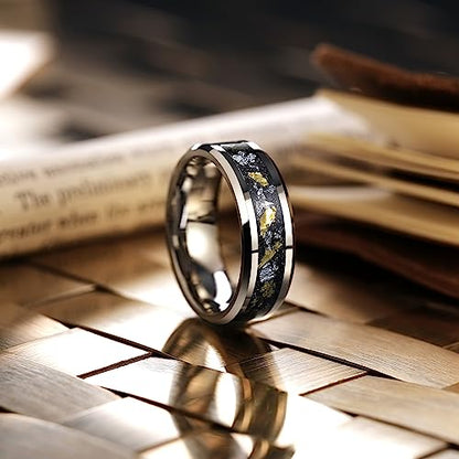 King Will Mens Wedding Band with Foils Inlay, Black/Silver/Gold Beveled Edge Glowstone Ring, 6mm/8mm Tungsten Carbide Rings Comfort Fit - color: Silver&Gold+Silver-8mm