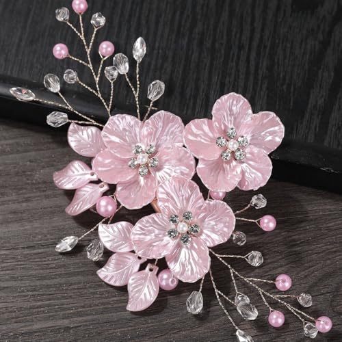 3 PCS Large Flower Bridal Wedding Hair Pins Crystal Pearl Hair Clips Headpiece Bride Hair Accessories Jewelry with Rhinestone, Glitter Emboss Pink Flower - color: Glitter Emboss Pink Flower