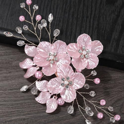 3 PCS Large Flower Bridal Wedding Hair Pins Crystal Pearl Hair Clips Headpiece Bride Hair Accessories Jewelry with Rhinestone, Glitter Emboss Pink Flower - color: Glitter Emboss Pink Flower
