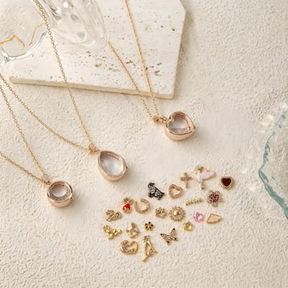 Memory Locket Charm Flat Round DIY Picture Photo Necklace Making Kit Chain Necklace Living Floating Glass Photo Frame Pendant for Women Men Wedding Christmas Jewelry Making - style: Flat Round