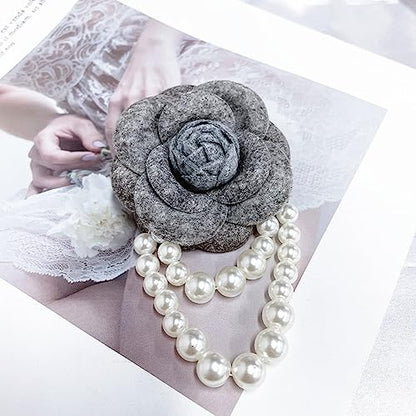Wool Camellia Flower Pearl Tassel Brooches Pins Delicate Flowers Brooch Classic for Wedding Party Dance Banquet for Women Dainty Elegant Lapel Pins Dress Suit Accessories - color: Grey
