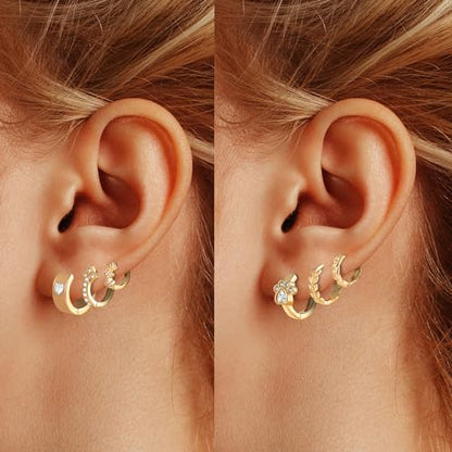 Wgoud Small Gold Hoop Earrings Set for Women, 6 Pairs 14K Gold Plated Hypoallergenic Lightweight Huggie Hoops Earrings, Trendy Cartilage Cubic Zirconia Earrings for Women Gifts. - color: D-Gold hoops