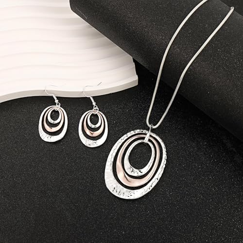 3 Circles Silver Hoop Earrings Necklace Set for Women Geometric Jewelry Set | 925 Silver Hypoallergenic Small Hoop Circle Geometry Textured Finish Minimalist Style Comfortable Wear - style: Gold and Silver Three Hoops