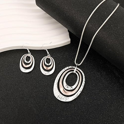 3 Circles Silver Hoop Earrings Necklace Set for Women Geometric Jewelry Set | 925 Silver Hypoallergenic Small Hoop Circle Geometry Textured Finish Minimalist Style Comfortable Wear - style: Gold and Silver Three Hoops