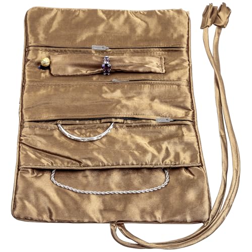 TUMBEELLUWA Embroidery Travel Jewelry Bag Roll Embroidered Flower and Bird Brocade Organizer with Tie Close - color: Brown