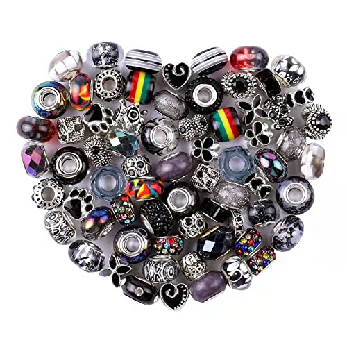Aipridy European Large Hole Beads, Colorful Glass Charm Beads Set, Assorted Patterns and Designs Rhinestone Craft Beads for DIY Bracelet Jewelry Making (60, Black Resin+Alloy) - color: Black Resin+Alloy