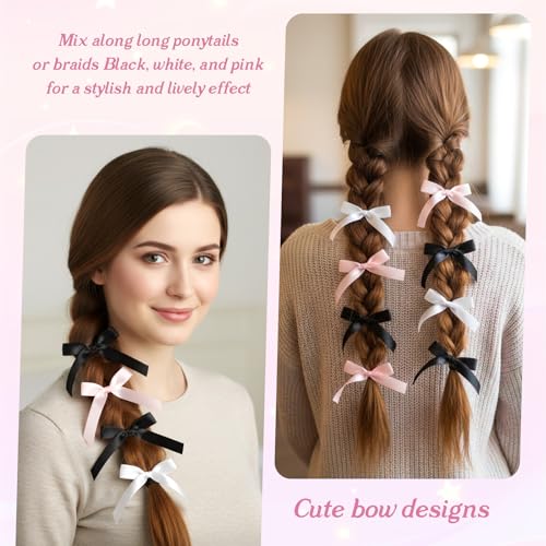 18PCS Silky Satin Hair Bows Ties for Girls, Bowknot Ribbon Ponytail Holders, Ribbon Hair Bows for Women Girls, Elastics Hairscrunchies for Thick Thin, Elastic Hairbands(White/Black/Pink)