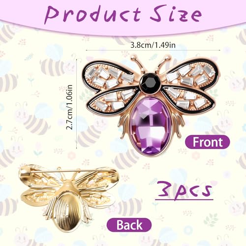 3 Pcs Bee Brooch Pin, Rhinestone Crystal Bumble Bee Jewelry Lapel Pin | Stylish Insect Bee Themed Accessory for Women Men Party Dating Daily (1.54 x 1 inch)