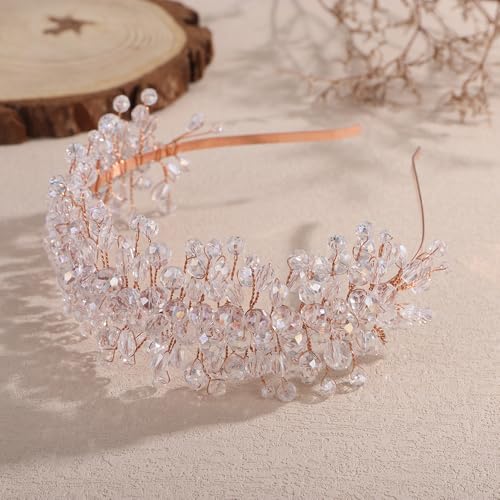 Denifery Large Crystal Headband for Wedding Bridal Hair Band Headpiece for Party Prom Hair Accessories (rose gold) - color: rose gold