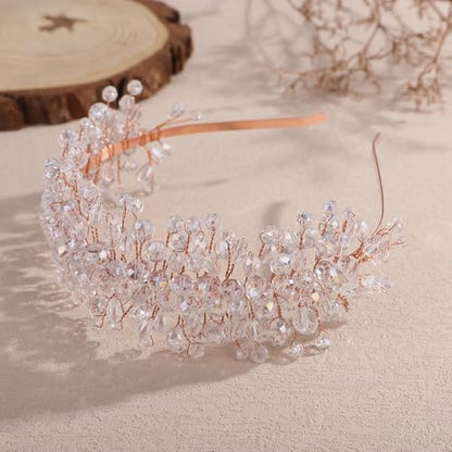 Denifery Large Crystal Headband for Wedding Bridal Hair Band Headpiece for Party Prom Hair Accessories (rose gold) - color: rose gold