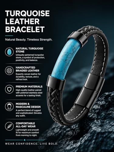 Mens Black Leather Obsidian/Turquoise/Tiger Eye/Red Agate Bracelet–Braided Multi‑Layer Wristband Cuff Bangle Bracelet with Stainless Steel Clasp Gift Jewelry Box Included - color: Style 2: Turquoise, size: 8.3in(Fits most wrists)