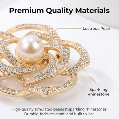 4 PCS Brooches and Pins for Women, Crystal Flower Pearl Brooch Fashion, Elegant Flower Broach for Wedding Clothing Accessory Christmas Gift