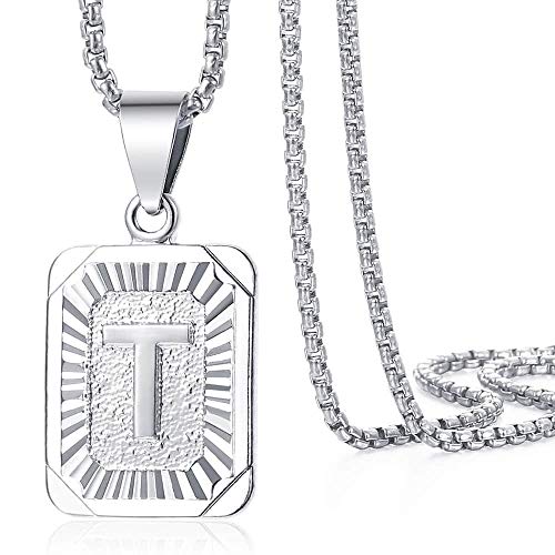 Trendsmax Initial Letter Pendant Necklace Mens Womens Capital Letter White Gold Plated A Z Stainless Steel Box Chain 22inch - style: T
